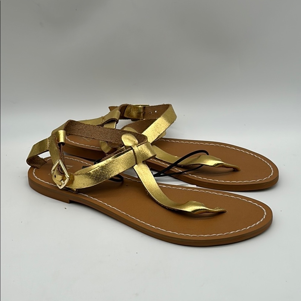 ZARA Gold Leather Flat Sandals Size 6 EU 36 NWT Leather Upper, Rubber Sole - Picture 3 of 10
